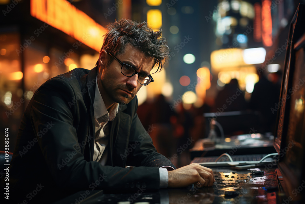 tired businessman sitting at the computer at night,,.   