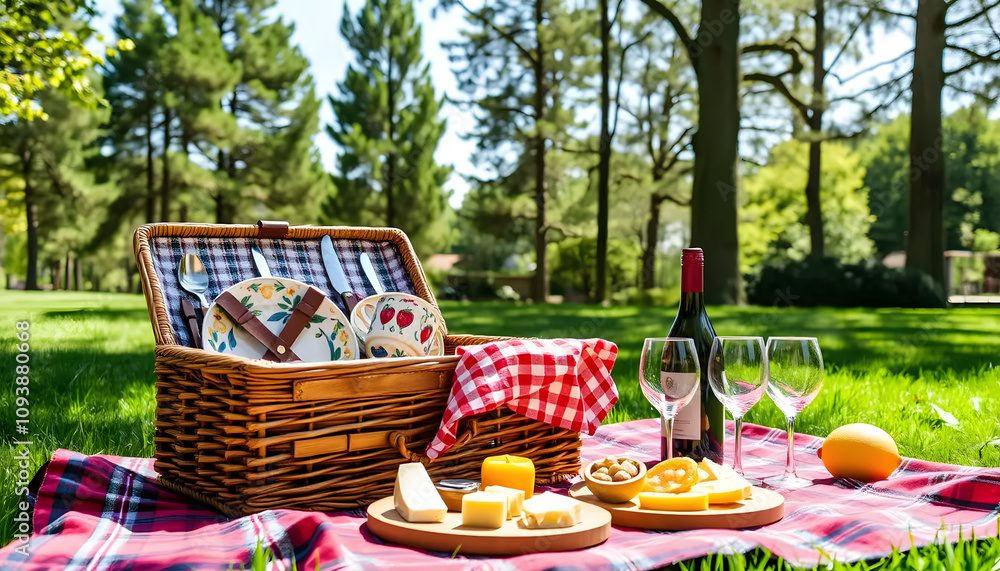 Delightful picnic setup with food, wine, and basket in sunny park Delightful picnic setup with food, wine, and basket in sunny park