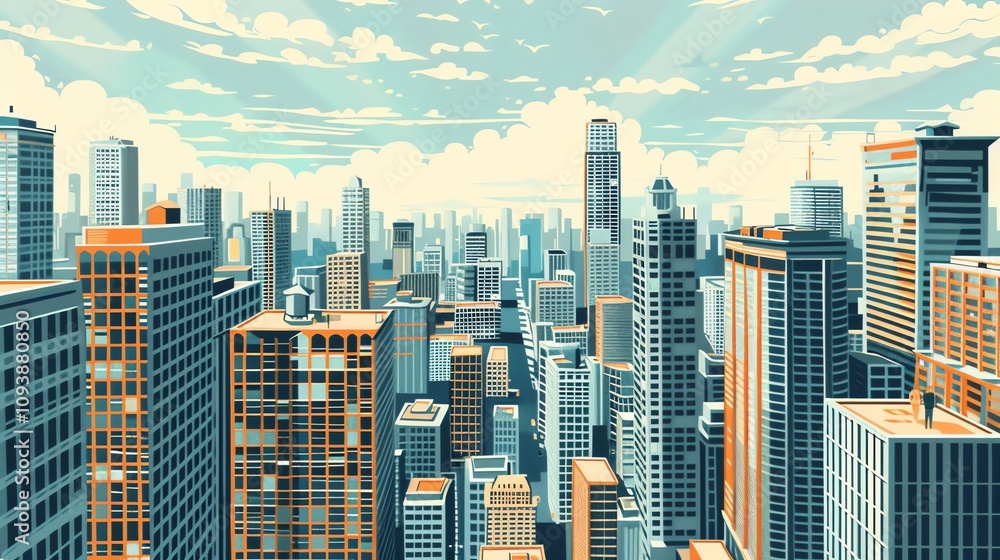 Obraz premium A cartoon illustration of a city skyline.