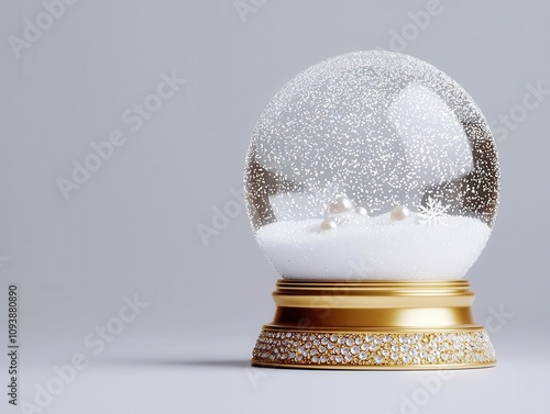 A snow globe featuring golden accents, pearl snowflakes, and a diamondencrusted base photo