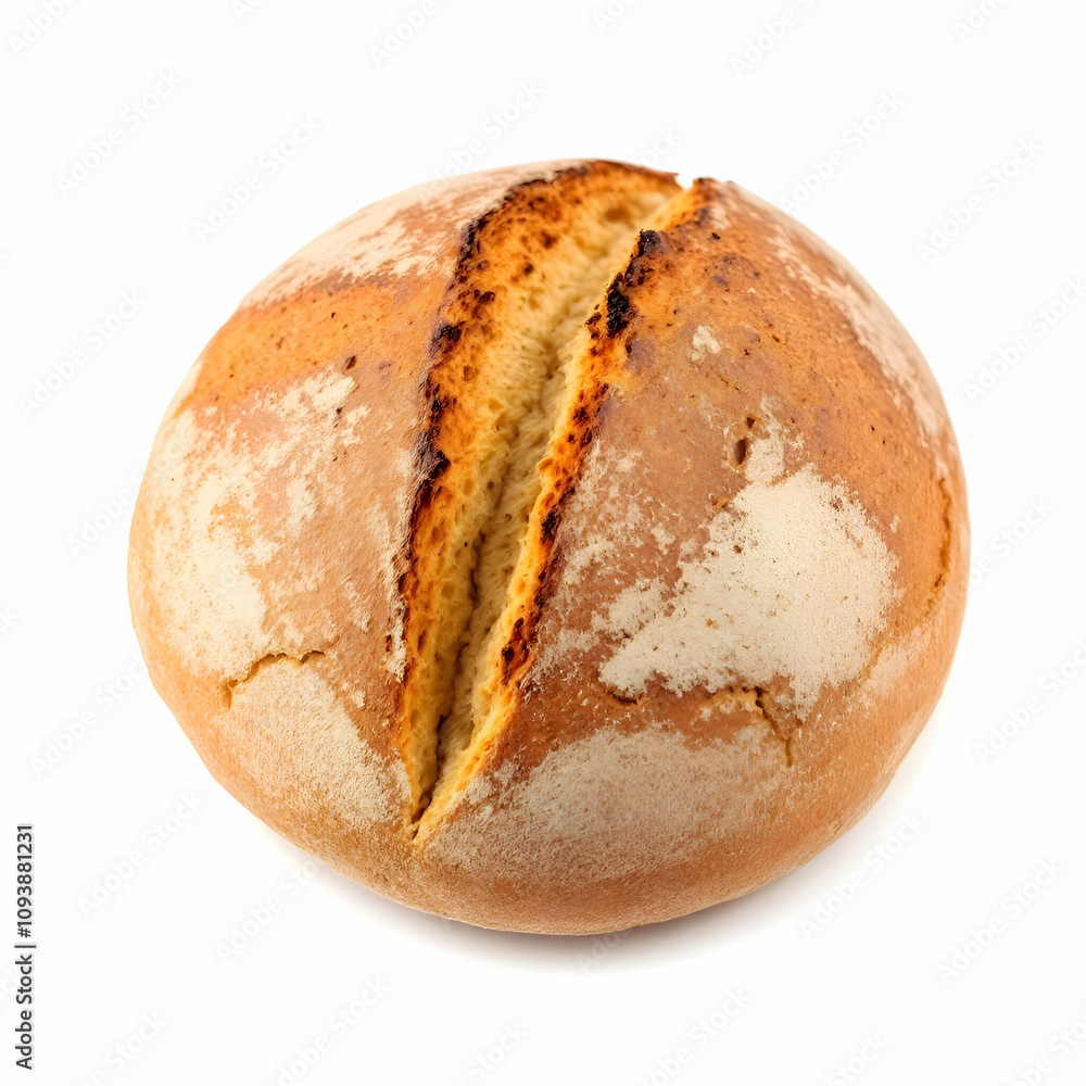 A perfectly round, golden-brown loaf of artisan bread with a rustic texture, placed in the center of a bright, white background. A perfectly round, golden-brown loaf of artisan bread with a rustic texture, placed in the center of a bright, white background.