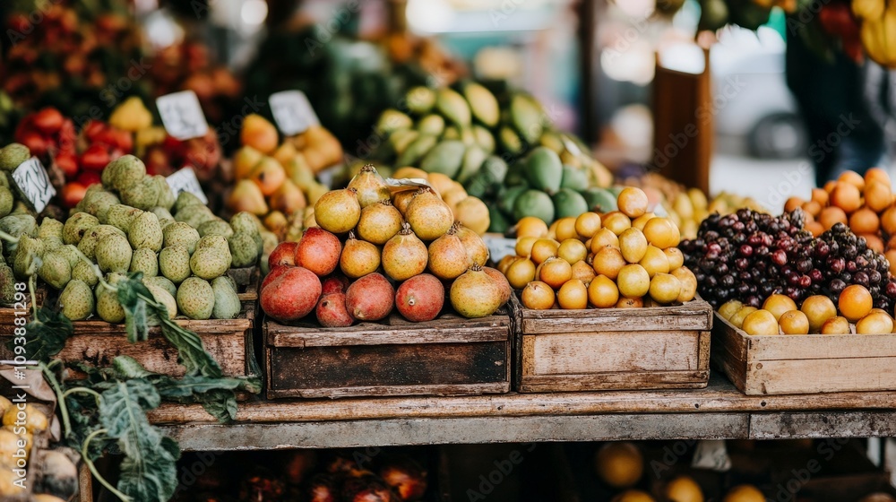 A market stall featuring a variety of unusual fruits like feijoa, goldenberries, and sapodilla, with rich colors and textures. A market stall featuring a variety of unusual fruits like feijoa, goldenberries, and sapodilla, with rich colors and textures.