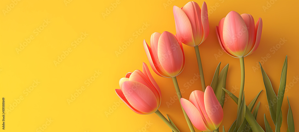 Fototapeta premium pink tulip flower plant stalk on yellow background 9