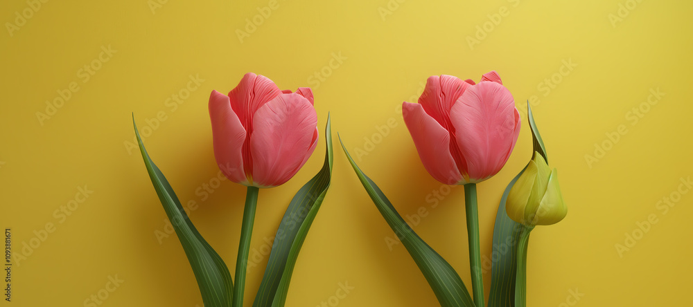 Obraz premium pink tulip flower plant stalk on yellow background 8