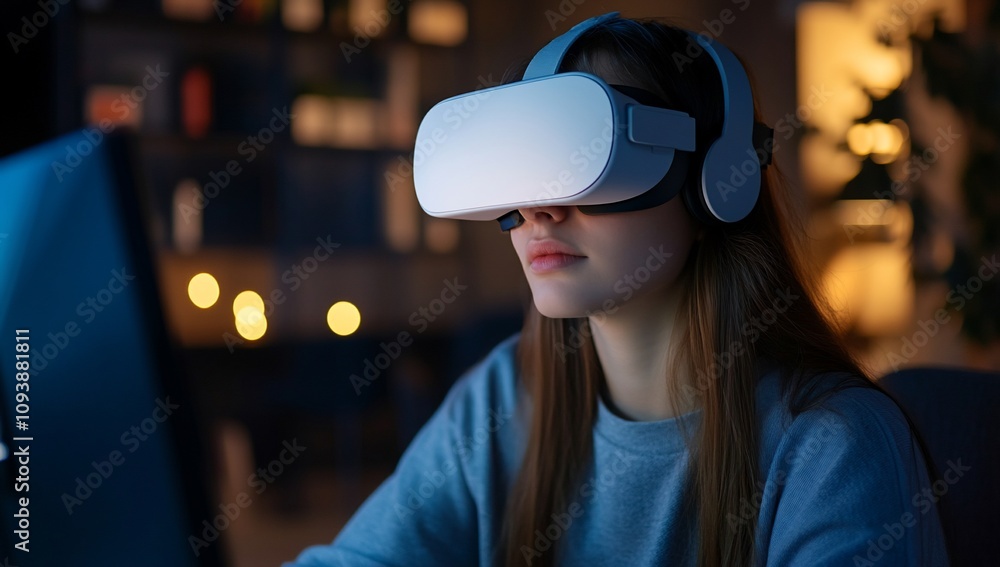 A person wearing a VR headset, engaged in immersive technology. A person wearing a VR headset, engaged in immersive technology.