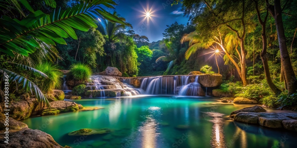 Enchanting Night Photography of a Crystal Clear Jungle Pool Cascade Surrounded by Lush Foliage and Sparkling Stars for Nature Lovers and Adventurers Enchanting Night Photography of a Crystal Clear Jungle Pool Cascade Surrounded by Lush Foliage and Sparkling Stars for Nature Lovers and Adventurers
