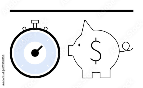 Stopwatch and piggy bank highlight time influence on savings financial planning, investment, deadlines, efficiency, productivity. Ideal for finance, business, banking concepts, personal development