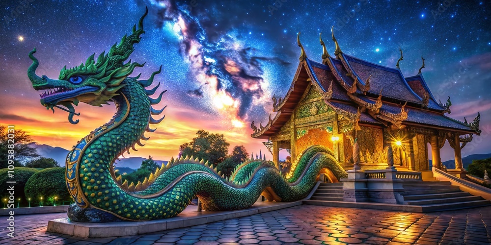 Obraz premium Enchanting Night Photography of a Thai Dragon Serpent Illuminating the Temples in Thailand’s Mystical Landscape