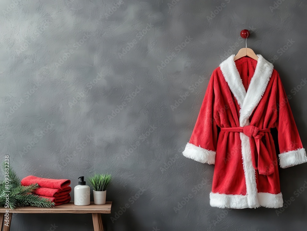 Obraz premium Santainspired bathroom featuring red towels with white fur trim and a Santastyle bathrobe