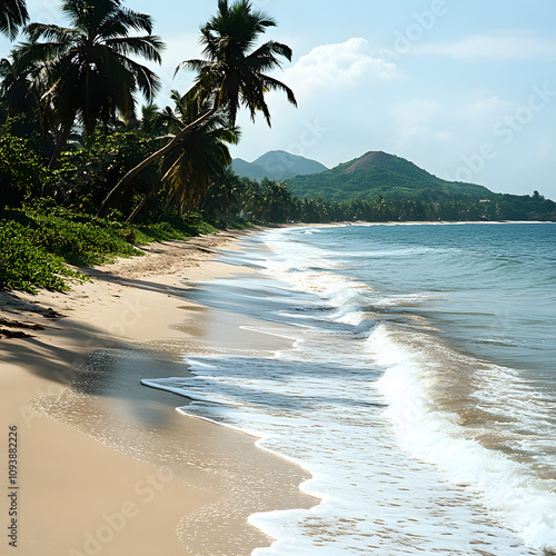 a serene beach in goa with coconut trees, waves, and distant hills during the day highlighted by white, png photo