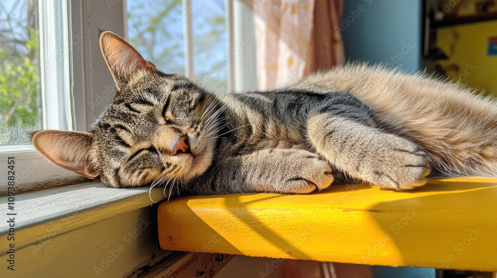 Siesta and Warmth. Lazy cat relaxing on windowsill cozy home pet photography bright room close-up comfort Siesta and Warmth. Lazy cat relaxing on windowsill cozy home pet photography bright room close-up comfort