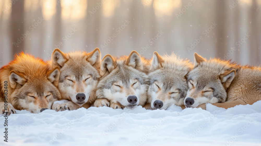 Siesta and Warmth. Pack of wolves resting in snowy clearing nature scene wildlife photography serene environment close-up view animal behavior Siesta and Warmth. Pack of wolves resting in snowy clearing nature scene wildlife photography serene environment close-up view animal behavior