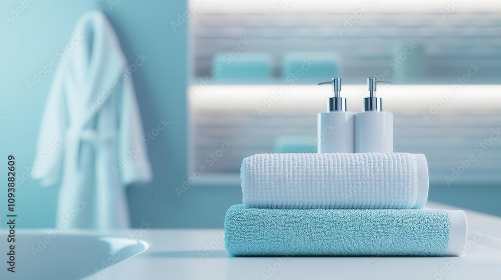 Snowythemed bathroom with icy blue towels, silver accents, and a plush white bathrobe Snowythemed bathroom with icy blue towels, silver accents, and a plush white bathrobe