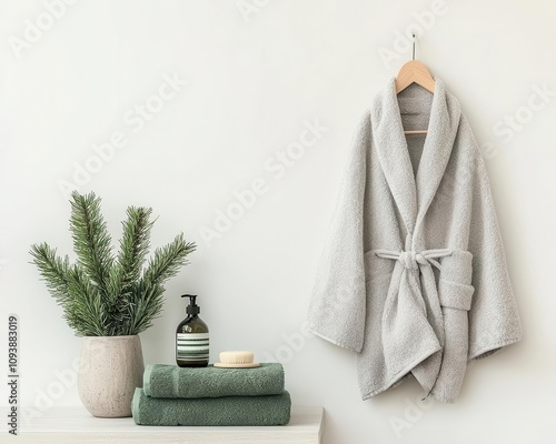 Scandinavian holiday bathroom with clean lines, grayandgreen towels, and a pinescented bathrobe photo