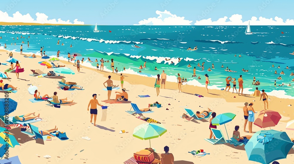 A sunny beach scene with people swimming, sunbathing, and relaxing. A sunny beach scene with people swimming, sunbathing, and relaxing.