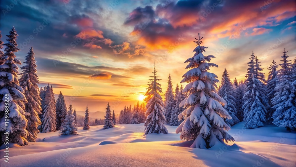 Enchanting Winter Landscape at Dusk: A Serene Scene of Snow-Covered Trees and Glowing Light Illuminating a Peaceful Winter Wonderland Enchanting Winter Landscape at Dusk: A Serene Scene of Snow-Covered Trees and Glowing Light Illuminating a Peaceful Winter Wonderland