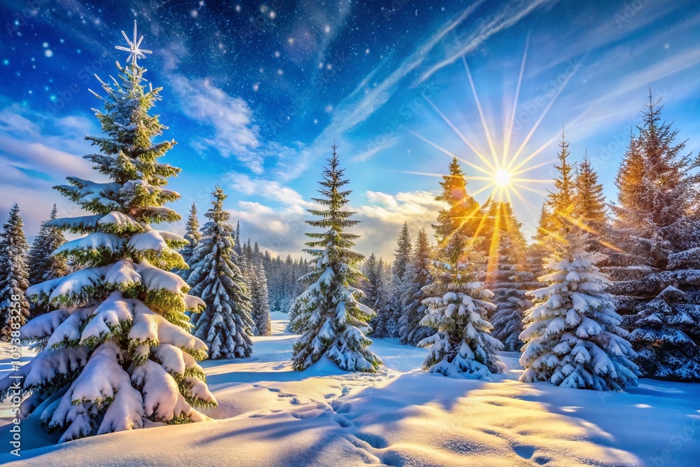 Enchanting Winter Wonderland: A Portrait of a Serene Holiday Landscape with Snow-Covered Coniferous Forest, Perfect for Christmas and New Year Celebrations Enchanting Winter Wonderland: A Portrait of a Serene Holiday Landscape with Snow-Covered Coniferous Forest, Perfect for Christmas and New Year Celebrations