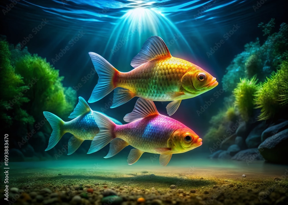Enigmatic Glow: Three Luminescent Fish Swimming in the Depths of a Serene Lake, Capturing the Mystique of Underwater Life and Nature's Beauty in a Candid Moment Enigmatic Glow: Three Luminescent Fish Swimming in the Depths of a Serene Lake, Capturing the Mystique of Underwater Life and Nature's Beauty in a Candid Moment