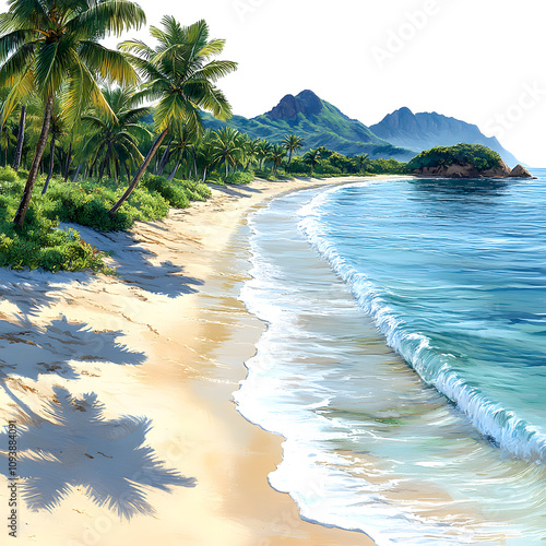 a serene beach in goa with coconut trees, waves, and distant hills during the day highlighted by white, png photo