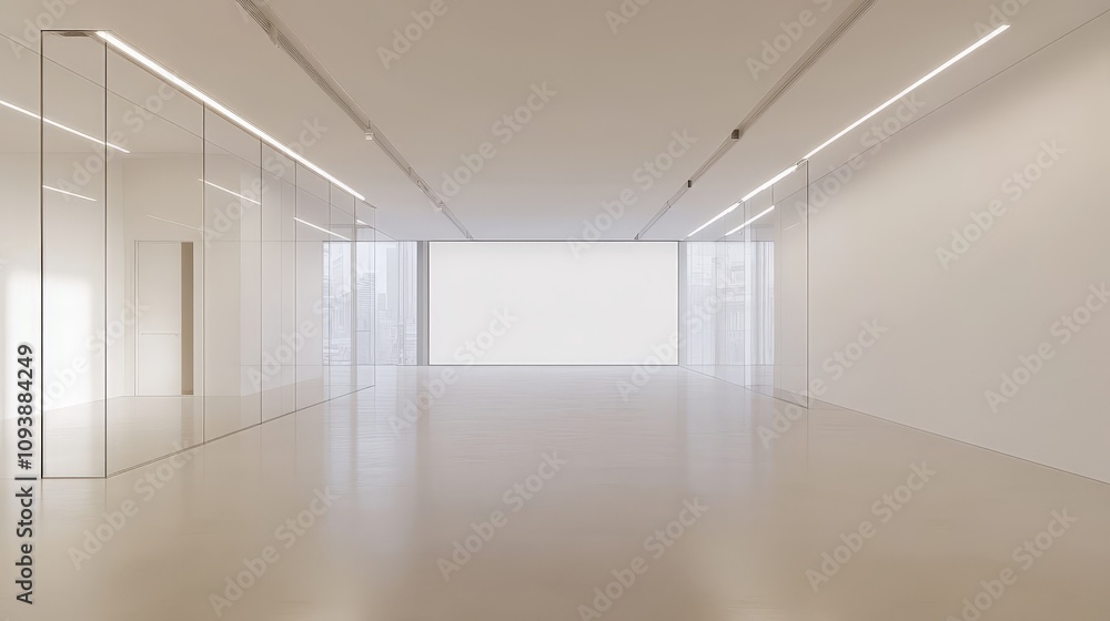 A contemporary office with white walls, large glass partitions, and minimalist decor, creating an open and airy environment, with a blank wall in the background ideal for a mock-up presentation. A contemporary office with white walls, large glass partitions, and minimalist decor, creating an open and airy environment, with a blank wall in the background ideal for a mock-up presentation.