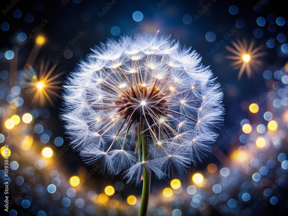 Fototapeta premium Ethereal White Dandelion Blowball with Bokeh Effect on Black Background, Capturing the Delicate Beauty of Nature, Perfect for Minimalist Decor and Nature Photography Lovers