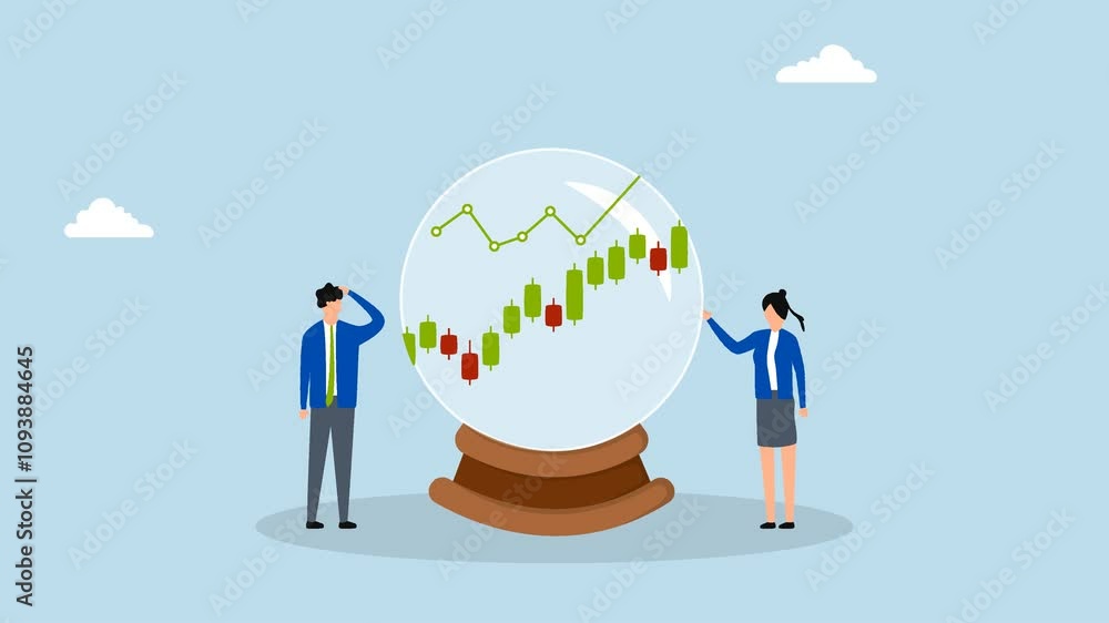 prediction, 4k animation of Business professionals examine a chart of the future market for the magic sphere. prediction, 4k animation of Business professionals examine a chart of the future market for the magic sphere.