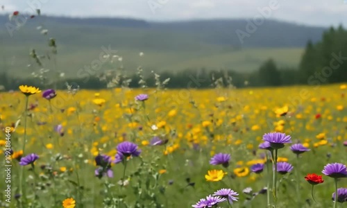 sprawling meadow with a variety of wildflowers, including yellow goldenrod, purple aster, and red poppies, all moving in harmony with the breeze