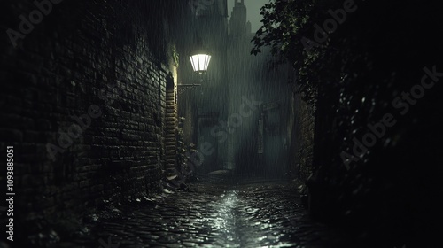 A dark alleyway illuminated by a single streetlight, rainwater flowing through the cobbled ground.