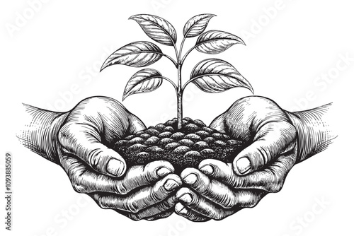 Hands holding a small green plant in soil sketch hand drawn drawing vector illustration