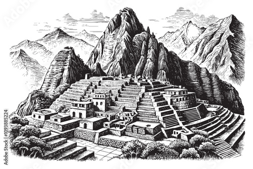 Machu Picchu sketch hand drawn drawing vector illustration
