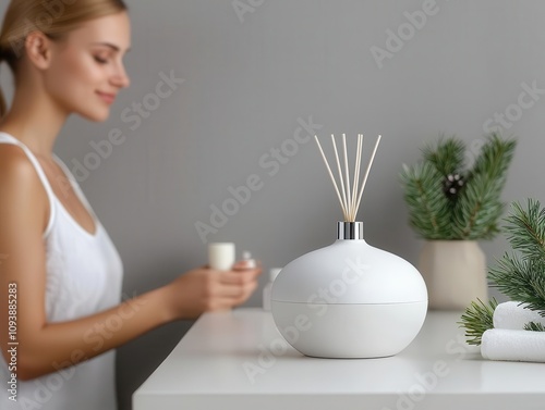 Modern bathroom with chrome fixtures, a pinescented diffuser, and minimalist holiday touches photo