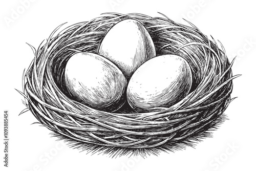 Nest with eggs sketch hand drawn drawing vector illustration