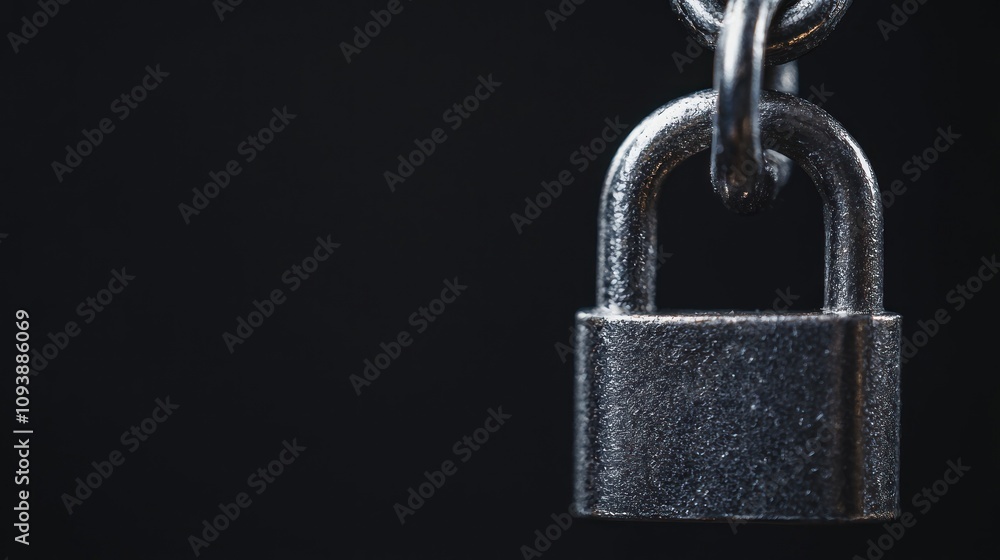 A close-up image of a metallic padlock hanging from a chain against a dark background, symbolizing security and protection. A close-up image of a metallic padlock hanging from a chain against a dark background, symbolizing security and protection.