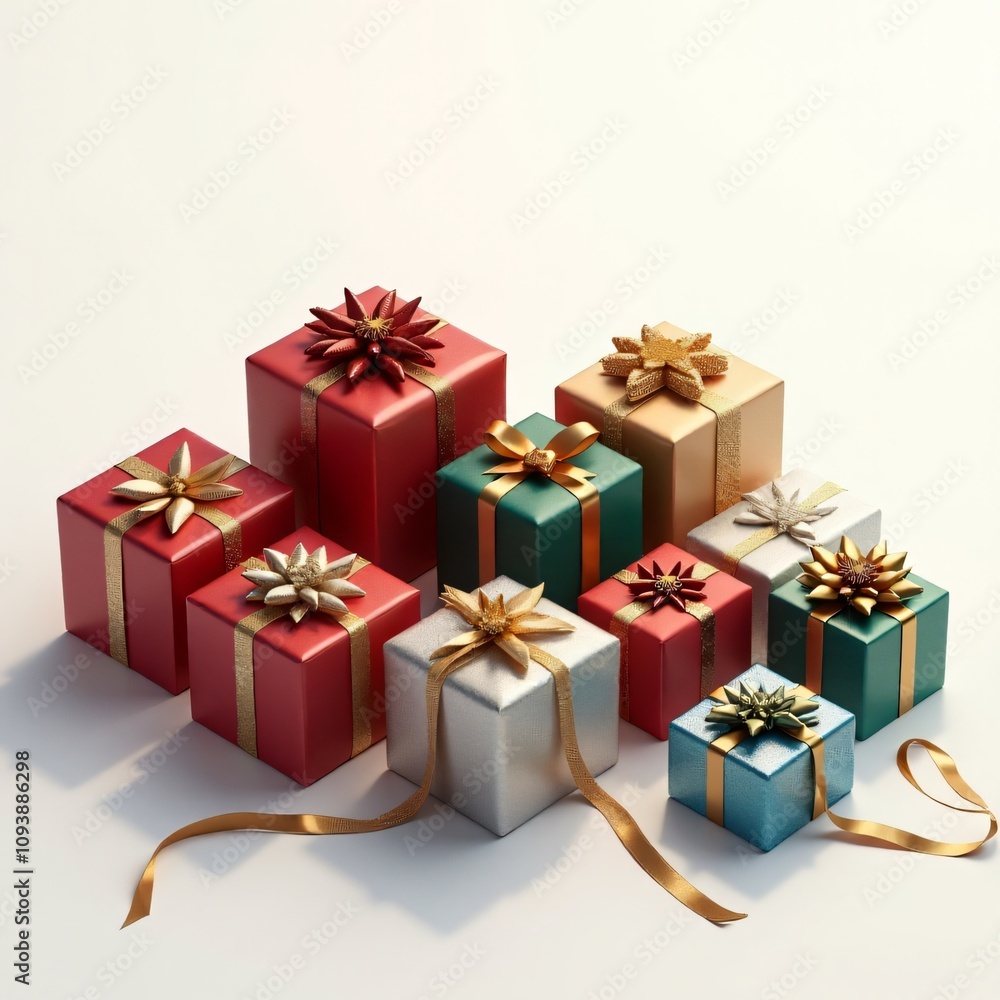 A collection of beautifully wrapped gift boxes in red, gold, green, and white with decorative ribbons, perfect for holidays, celebrations, or special occasions. A collection of beautifully wrapped gift boxes in red, gold, green, and white with decorative ribbons, perfect for holidays, celebrations, or special occasions.
