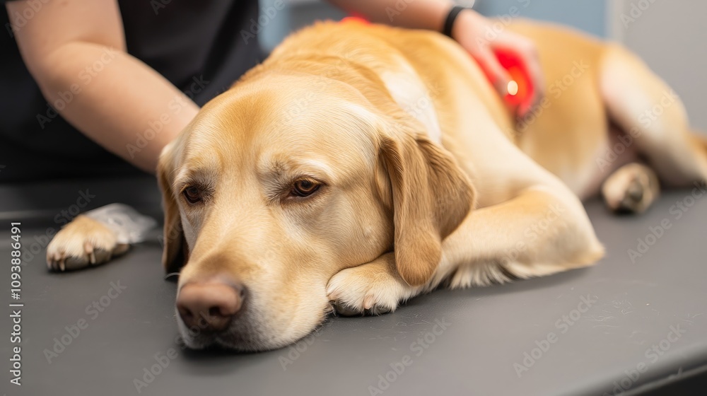 A dog receiving laser therapy to treat muscle pain as part of a rehabilitation program, lying calmly on the table. A dog receiving laser therapy to treat muscle pain as part of a rehabilitation program, lying calmly on the table.