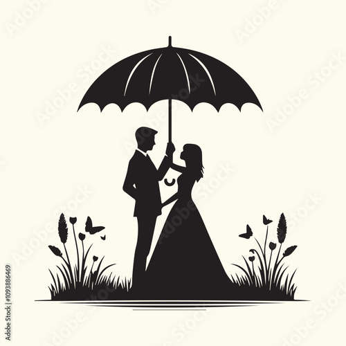 silhouette vector, The couple is depicted holding an umbrella on their head in a romantic moment silhouette vector black  and white