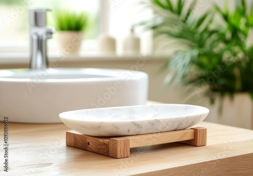 White marble display podium on light wooden table in modern bathroom with green plant and bright window photo