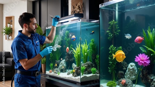 Aquarium technician maintaining fish tanks with colorful fish in modern interior