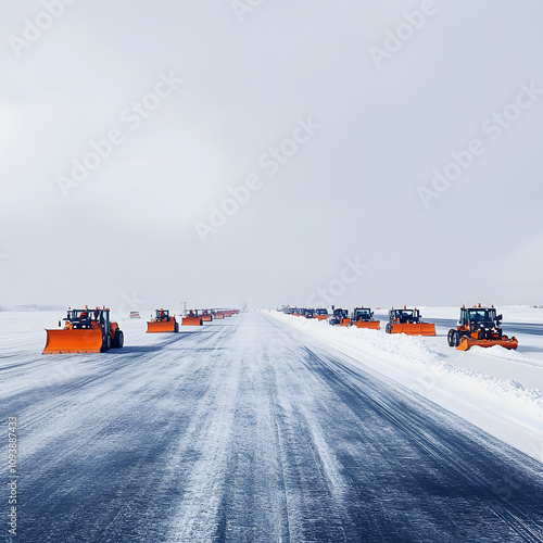 snowplows and crews removing snow from runway at toronto, canada airport highlighted by white, minimalism, png photo