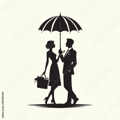 silhouette vector, The couple is depicted holding an umbrella on their head in a romantic moment silhouette vector black  and white