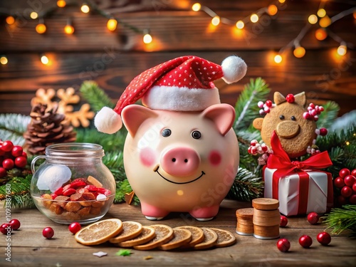Festive Christmas Holiday Piggy Bank Wearing Santa Hat Surrounded by Delicious Holiday Treats, Perfect for Celebrating the Season of Giving and Savings