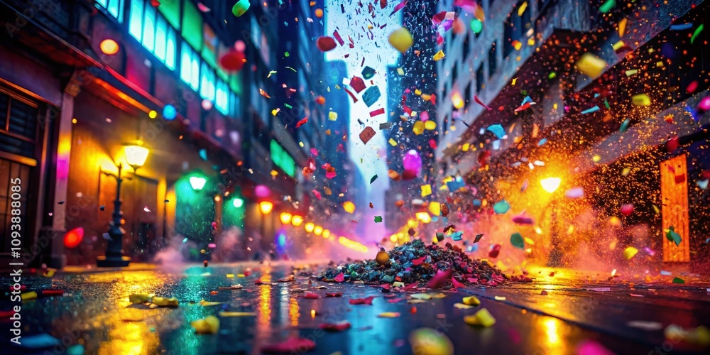 Obraz premium Festive New Year Abstract Confetti Explosion with Smoky Textures and Neon Lights Celebrating the Arrival of a New Year Full of Joy and Colorful Vibrance