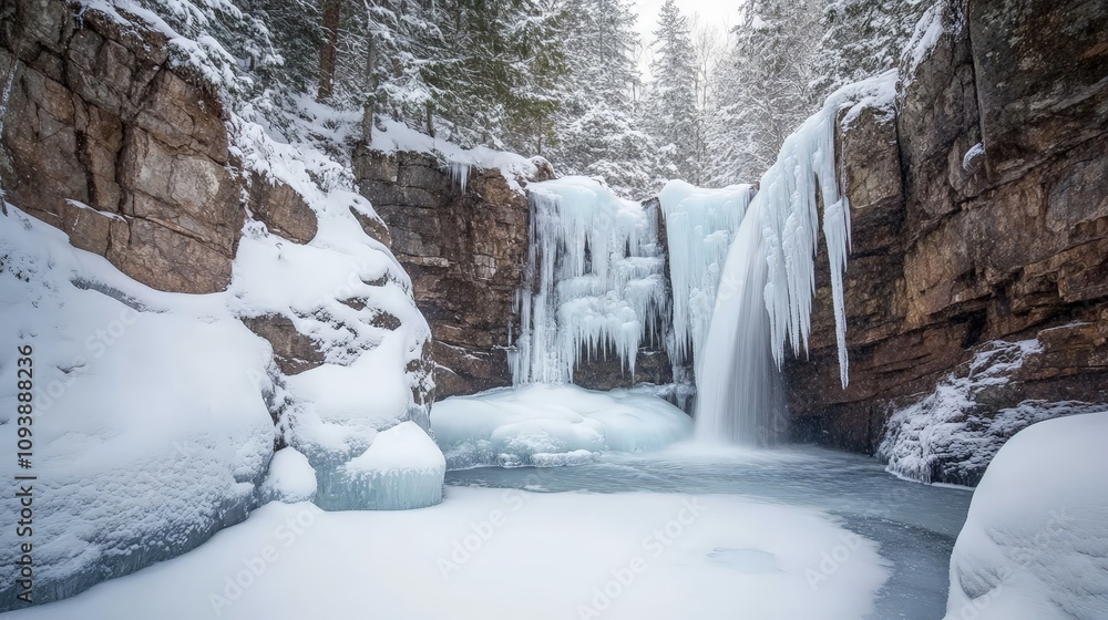 A frozen waterfall surrounded by snow-covered rocks, icicles hanging down in a dramatic winter scene. A frozen waterfall surrounded by snow-covered rocks, icicles hanging down in a dramatic winter scene.