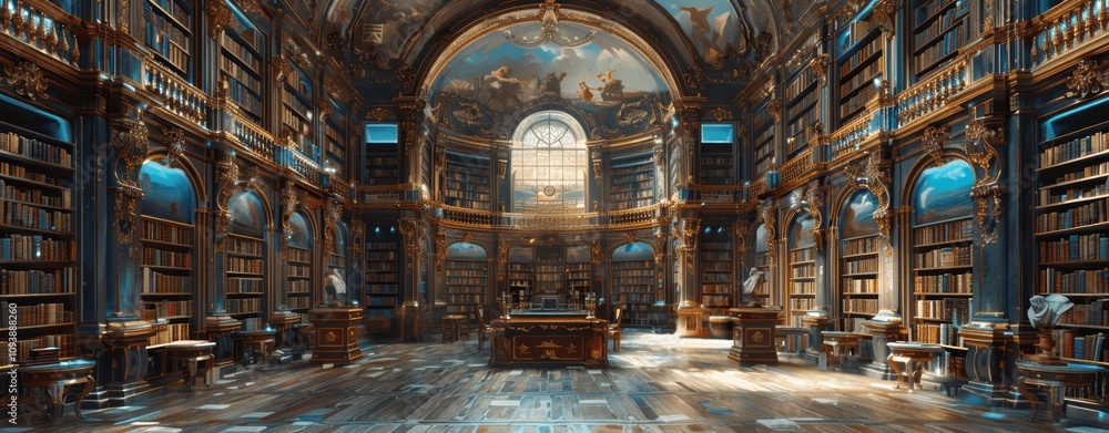 Fototapeta premium Endless Library with Ancient Books and Historical Manuscripts, Illuminated by Blue Light from Above, Featuring a Large Desk and Wooden Shelves