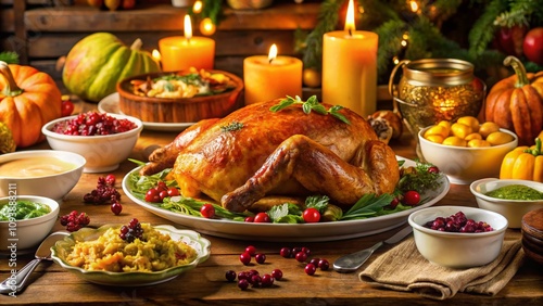 Festive Thanksgiving Dinner Spread Featuring Roast Turkey, Delicious Sides, and Decadent Desserts on a Beautifully Set Dining Table Perfect for Family Gatherings and Celebrations