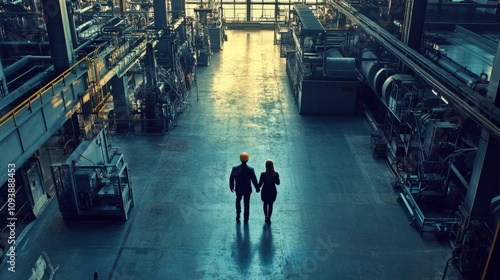 A full-length shot of a businessman in a hardhat walking with a female factory worker across a production floor, giving an overhead view of the factory spacious interior.