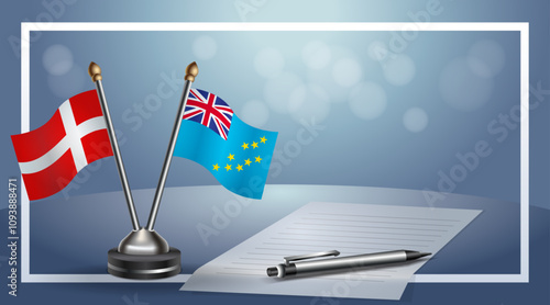 Denmark and Tuvalu National flags on small table with bokeh background, cooperative relationship