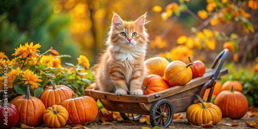 Adorable Kitten on Wheelbarrow with Pumpkins - Autumn Halloween Scene Adorable Kitten on Wheelbarrow with Pumpkins - Autumn Halloween Scene