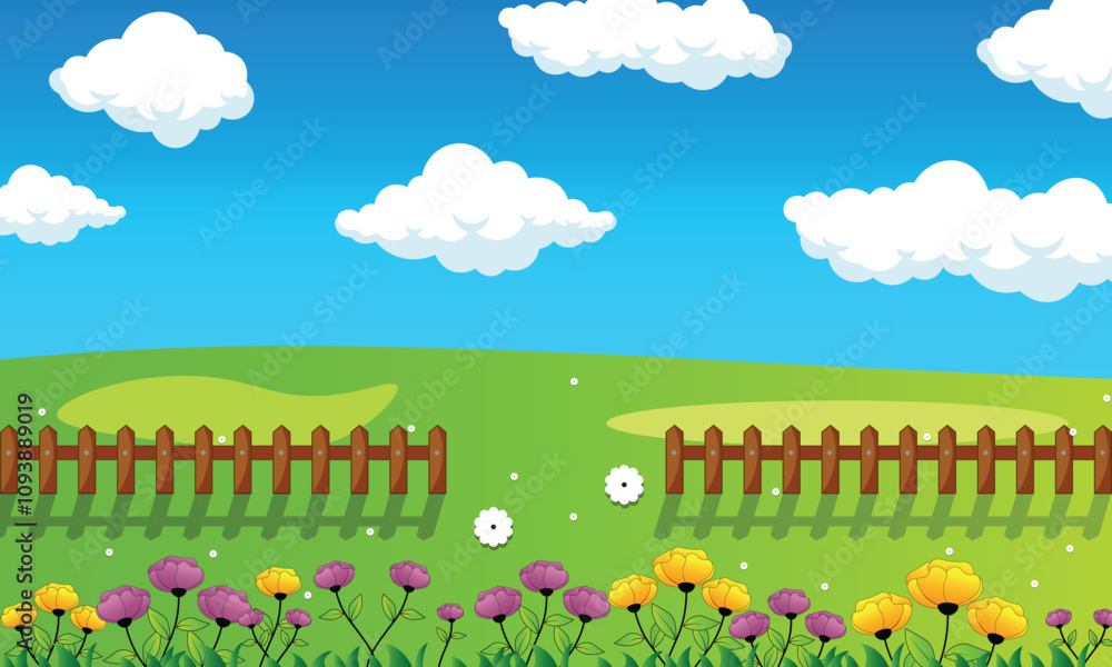 Summer garden with garden tools and fence. Vector Illustrations with separate layers. Concept for banner, web background and templates. Summer garden with garden tools and fence. Vector Illustrations with separate layers. Concept for banner, web background and templates.