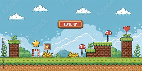 Retro style pixel art game background with level up button	